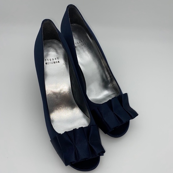 Stuart Weitzman Shoes - Stuart Weitzman Navy Satin Evening Heels 9M Open Toe Bow Pumps NWOB NEW